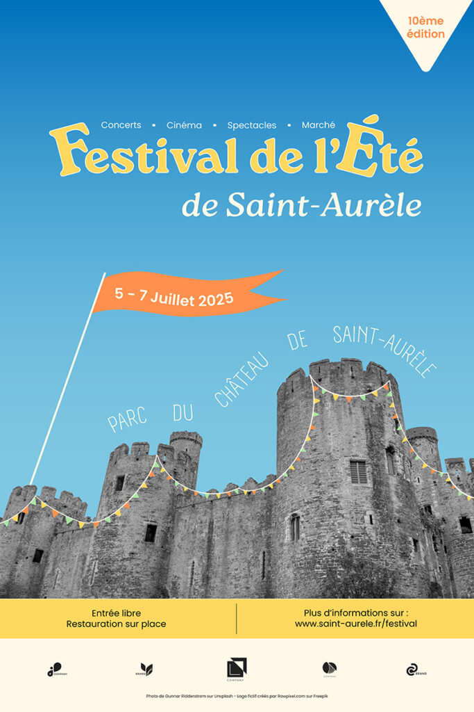 Maquette d'une affiche festival culturel pour la ville de Saint-Aurèle, festival d'été familial, créé par Nekae Studio.