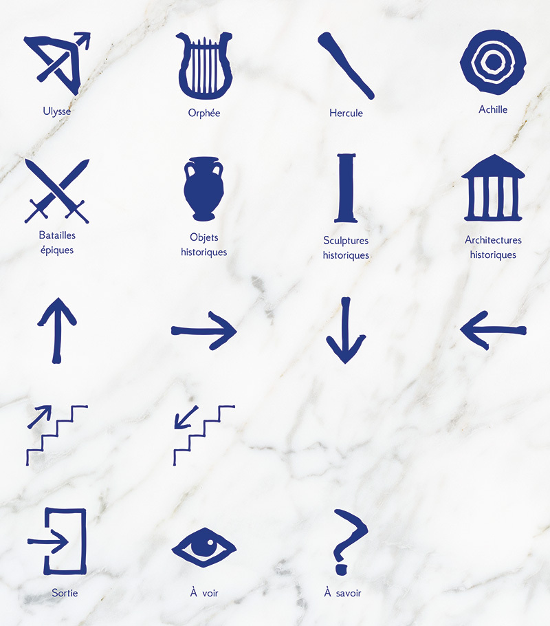 Pictogrammes issus de la signalétique musée d'une exposition sur la Grèce Antique, par Nekae Studio.