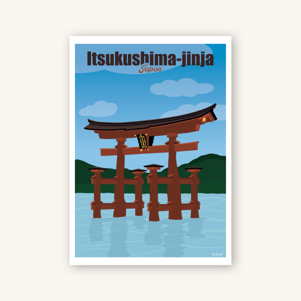 Affiche représentant le torii d'Itsukushima au Japon sur fond beige