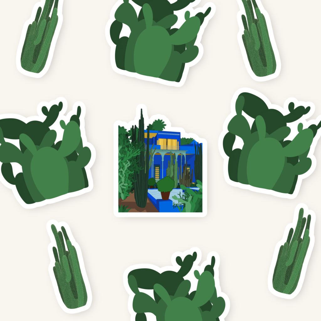 Stickers représentant le Jardin Majorelle à MArrakech ainsi que 2 cactus différents sur un fond beige