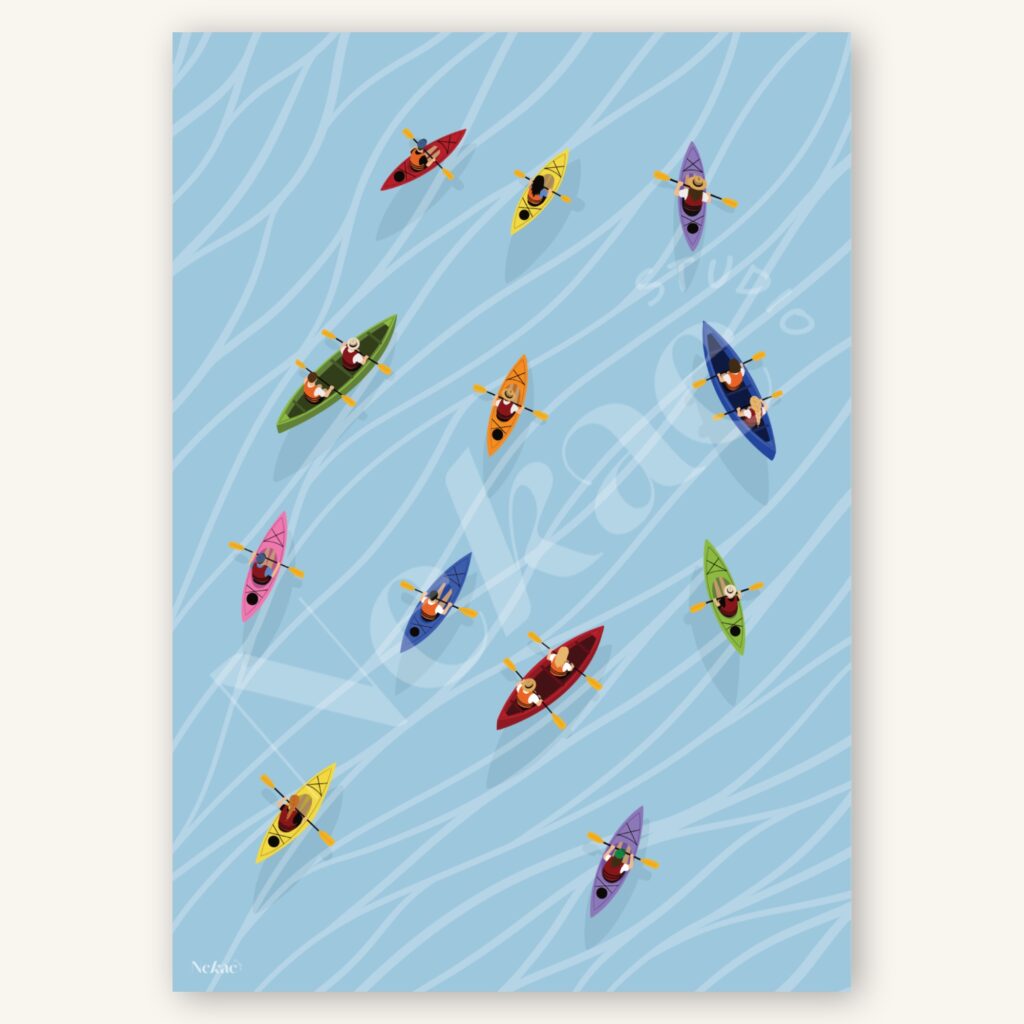 Affiche illustrée de canoë et de kayak présentée sur un fond beige