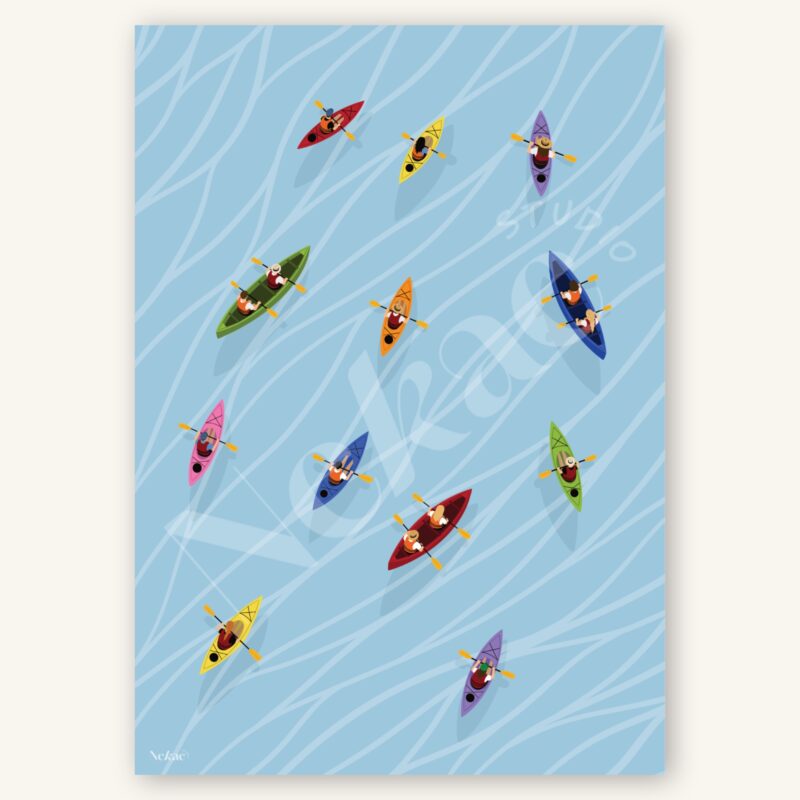 Affiche illustrée de canoë et de kayak présentée sur un fond beige