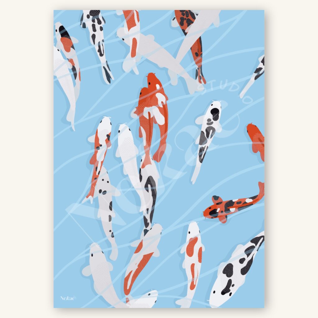Affiche illustrée de carpes koï présentée sur un fond beige
