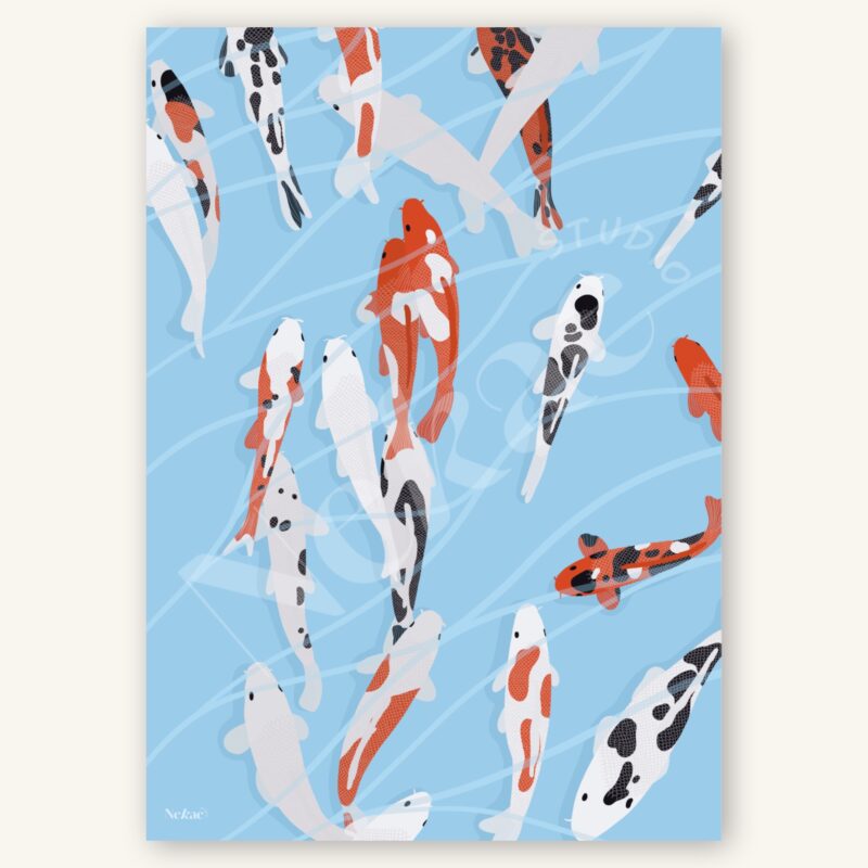 Affiche illustrée de carpes koï présentée sur un fond beige