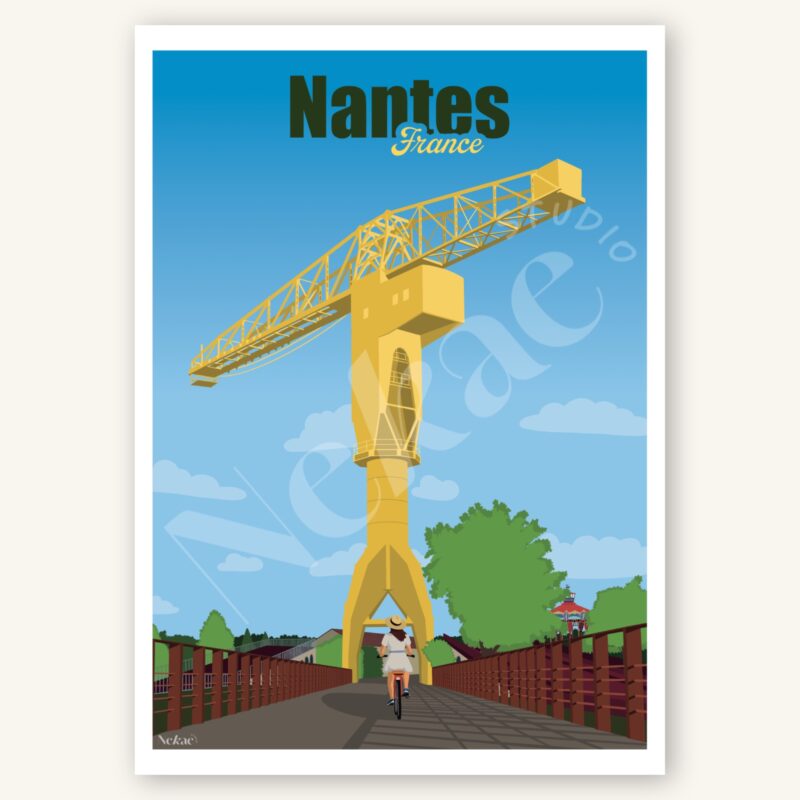 Affiche illustrée de la Grue Titan à Nantes présentée sur un fond beige
