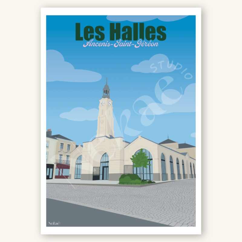 Affiche illustrée des Halles d'Ancenis présentée sur un fond beige