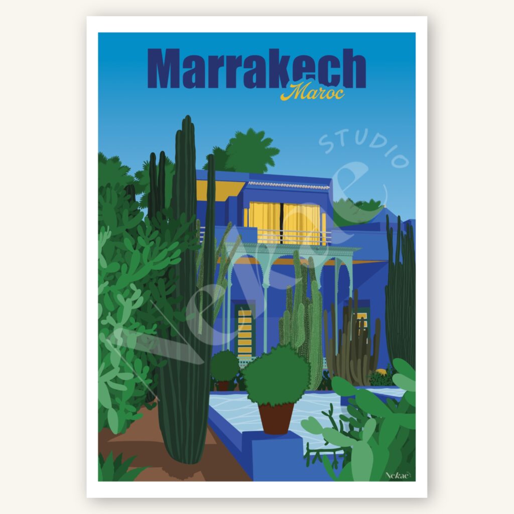 Affiche illustrée du Jardin Majorelle à Marrakech présentée sur un fond beige