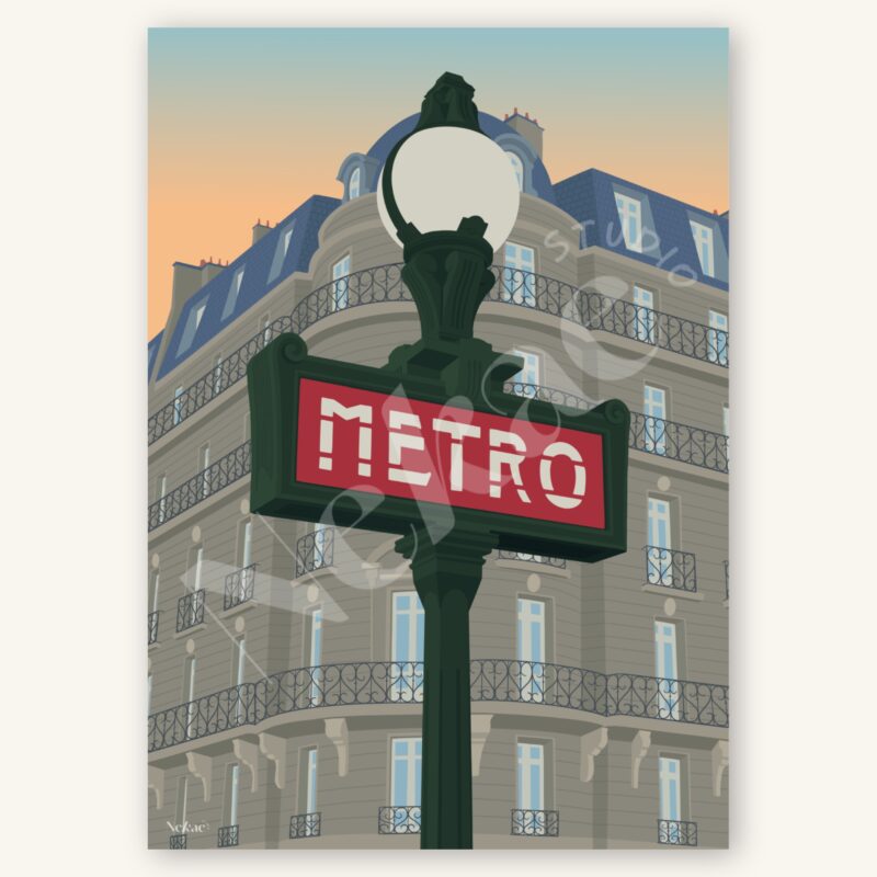 Affiche illustrée du métro parisien présentée sur un fond beige