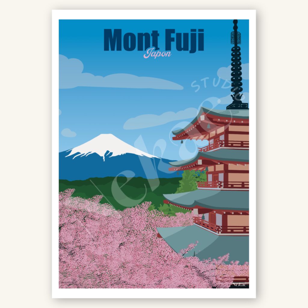 Affiche illustrée du mont Fuji au Japon présentée sur un fond beige