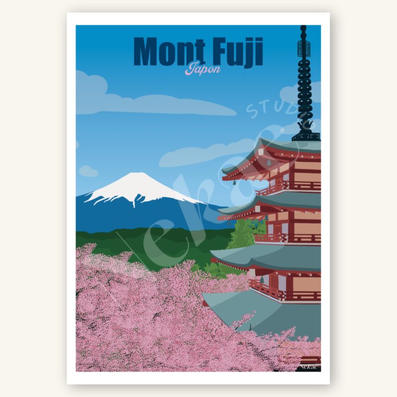 Affiche illustrée du mont Fuji au Japon présentée sur un fond beige