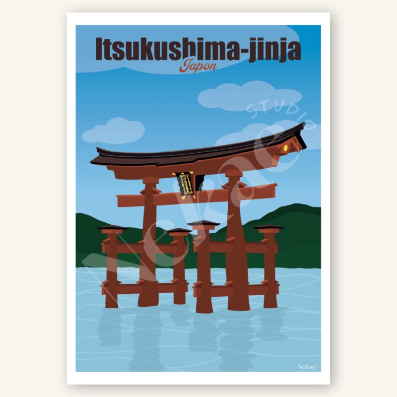 Affiche illustrée du torii d'Itsukushima au Japon présentée sur un fond beige