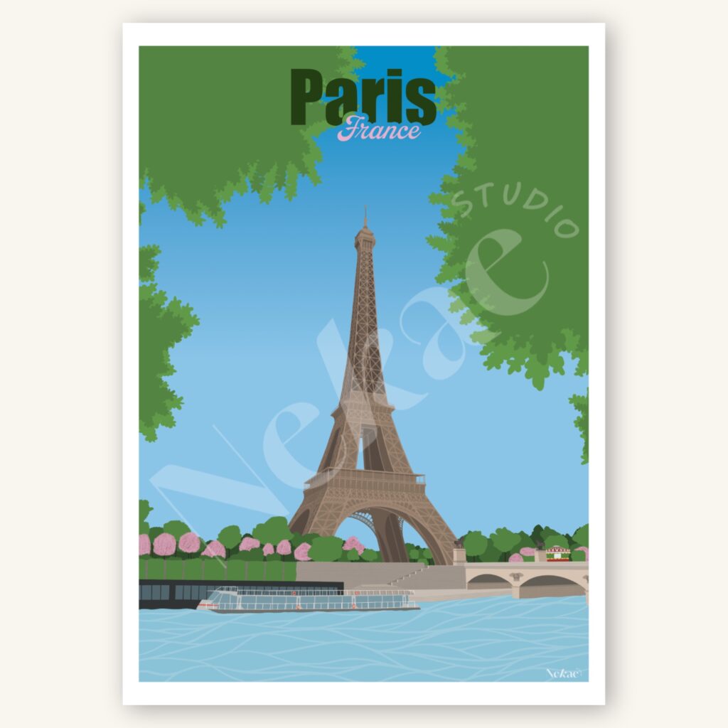 Affiche illustrée de la tour Eiffel à Paris présentée sur un fond beige