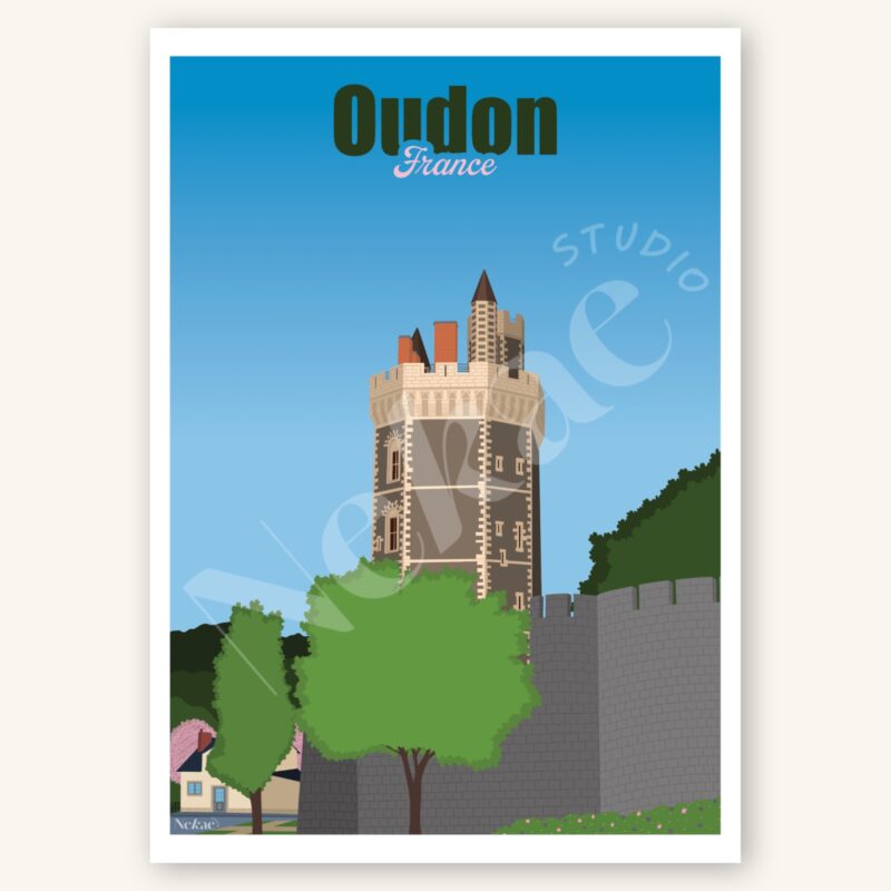 Affiche illustrée de la Tour d'Oudon présentée sur un fond beige