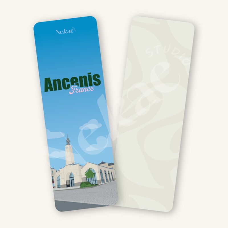 Marque-page illustré des Halles de Ancenis présenté sur un fond beige