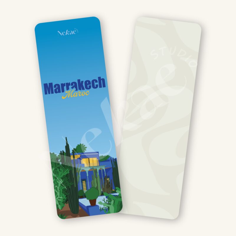 Marque-page illustré du Jardin Majorelle à Marrakech au Maroc présenté sur un fond beige