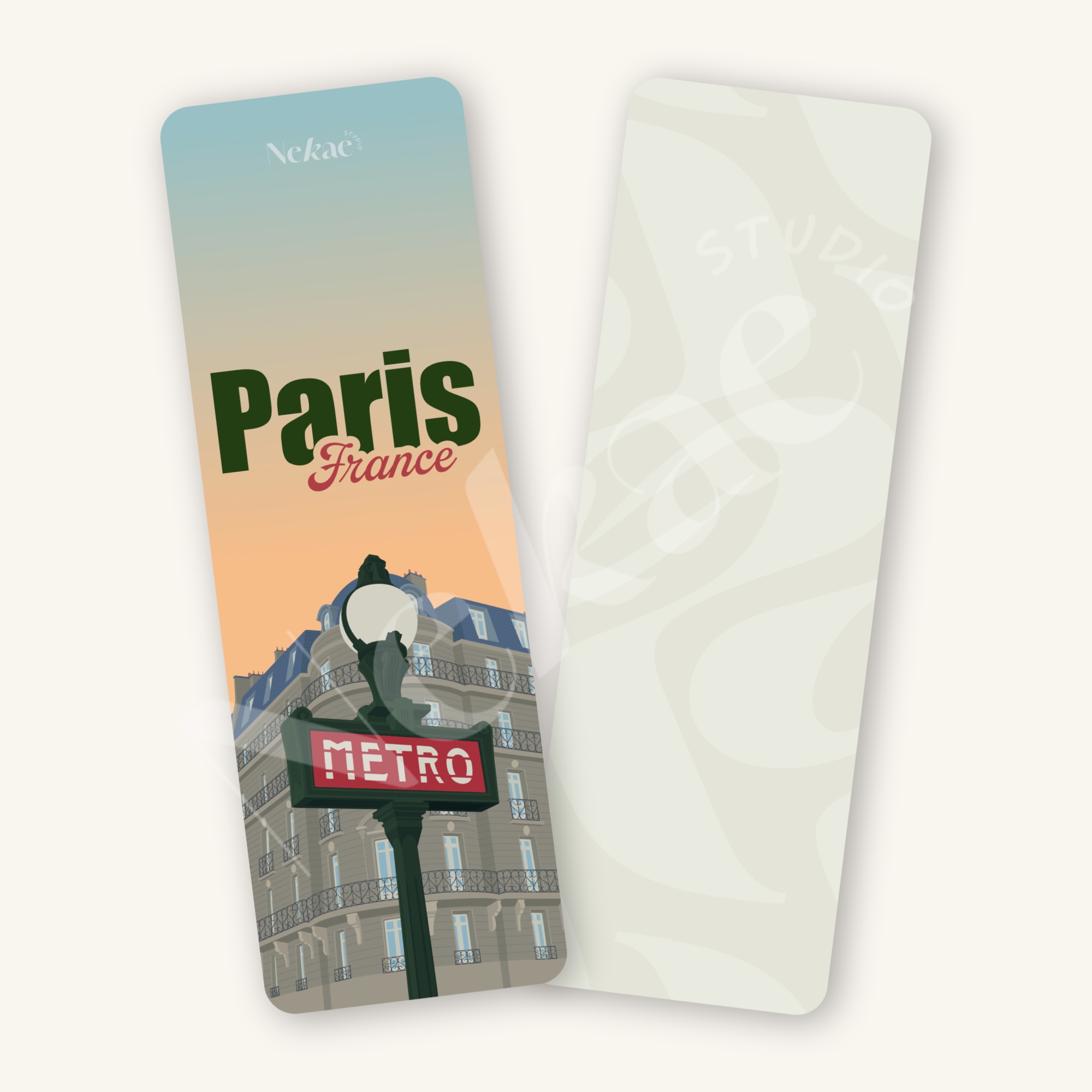 Marque-page illustré du métro parisien présenté sur un fond beige