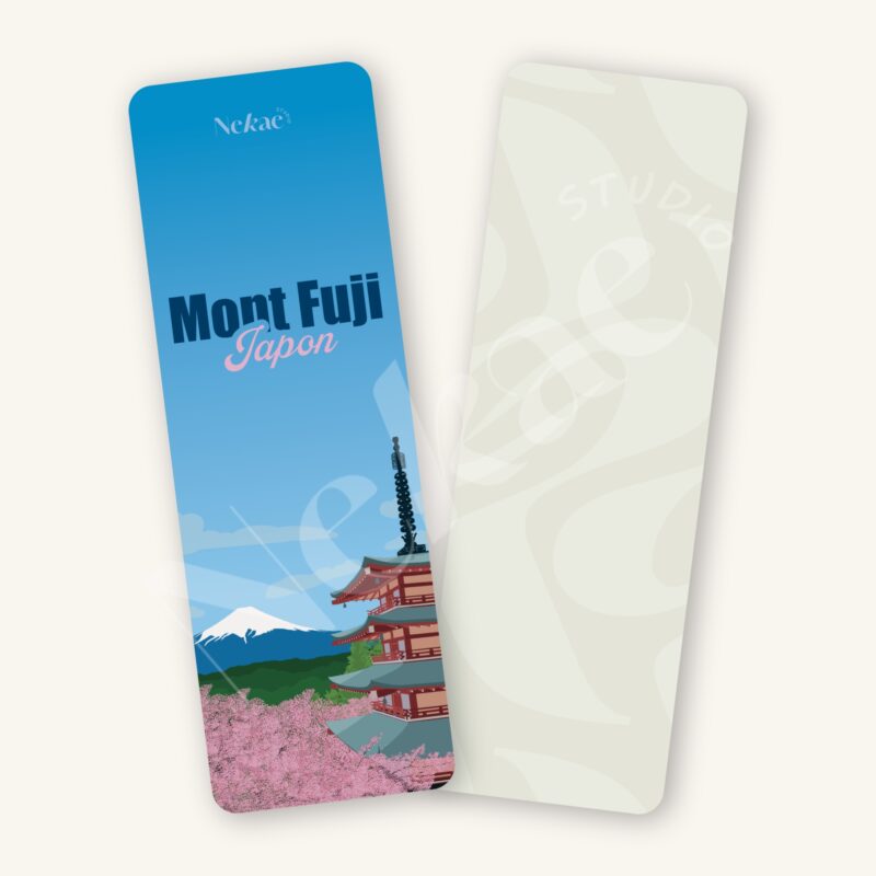 Marque-page illustré du Mont Fuji au Japon présenté sur un fond beige