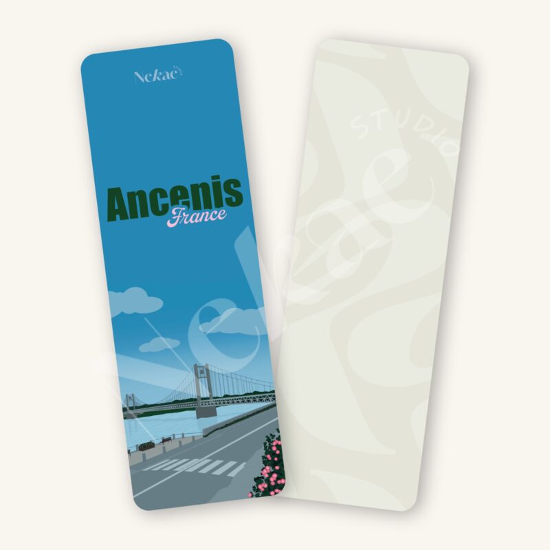 Marque-page illustré du pont de Ancenis présenté sur un fond beige