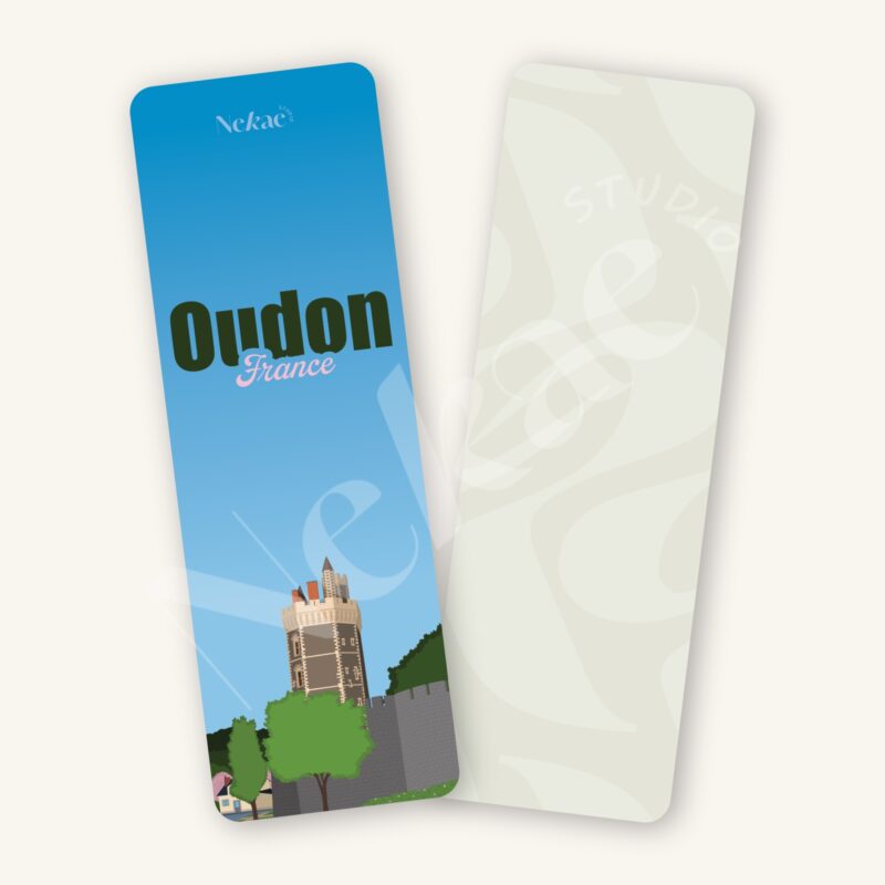 Marque-page illustré de la Tour de Oudon présenté sur un fond beige