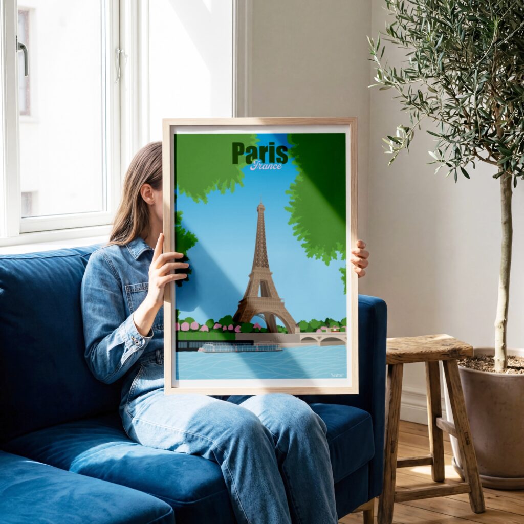 Affiche illustrée de la Tour Eiffel à Paris encadrée et tenue dans les mains d'une femme assise sur un canapé