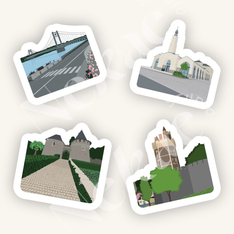 Pack de stickers Bords de Loire avec les Halles d'Ancenis, le pont d'Ancenis, la tour d'Oudon et le château de Champtoceaux