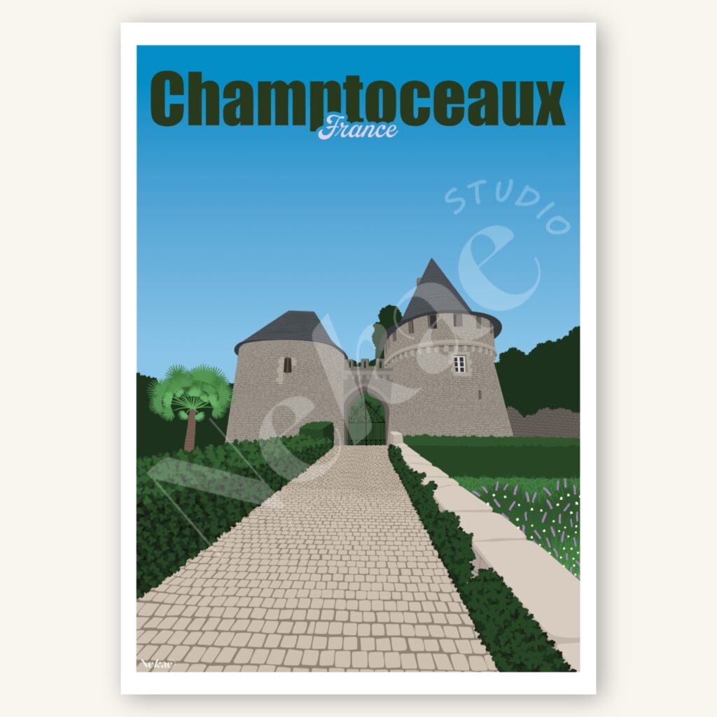 Affiche illustrée du Château de Champtoceaux présentée sur un fond beige