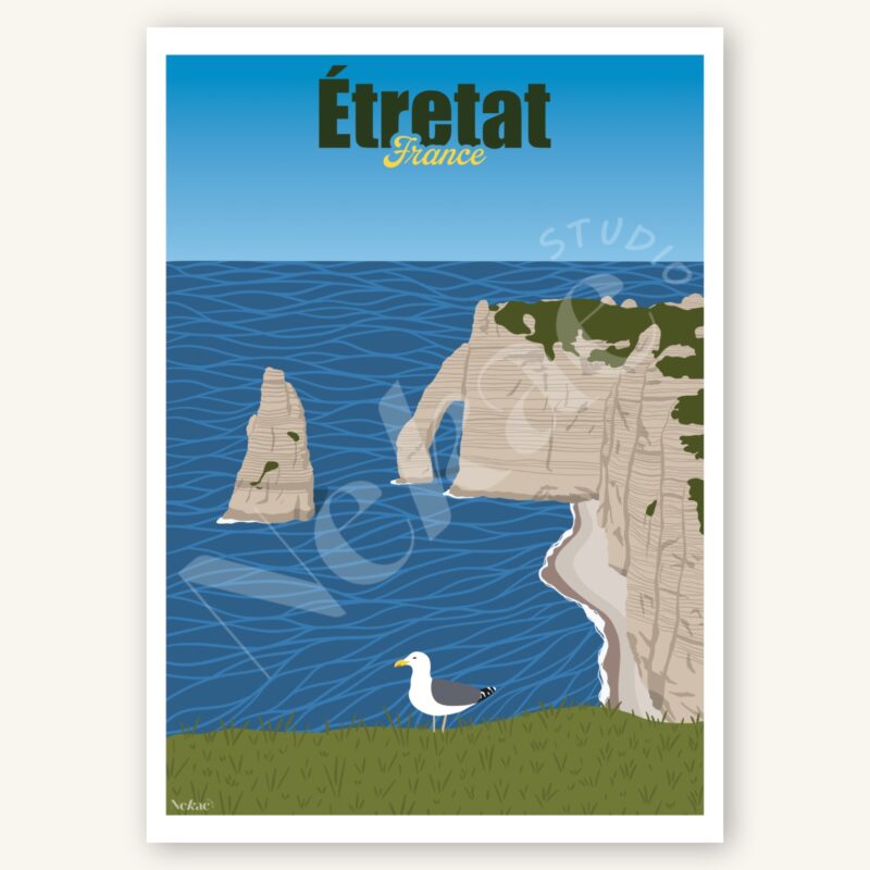 Affiche illustrée des falaises d'Étretat présentée sur un fond beige