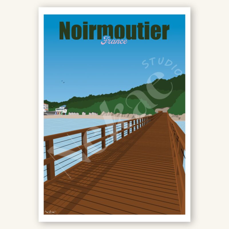 Affiche illustrée de la Plage des Dames à Noirmoutier présentée sur un fond beige