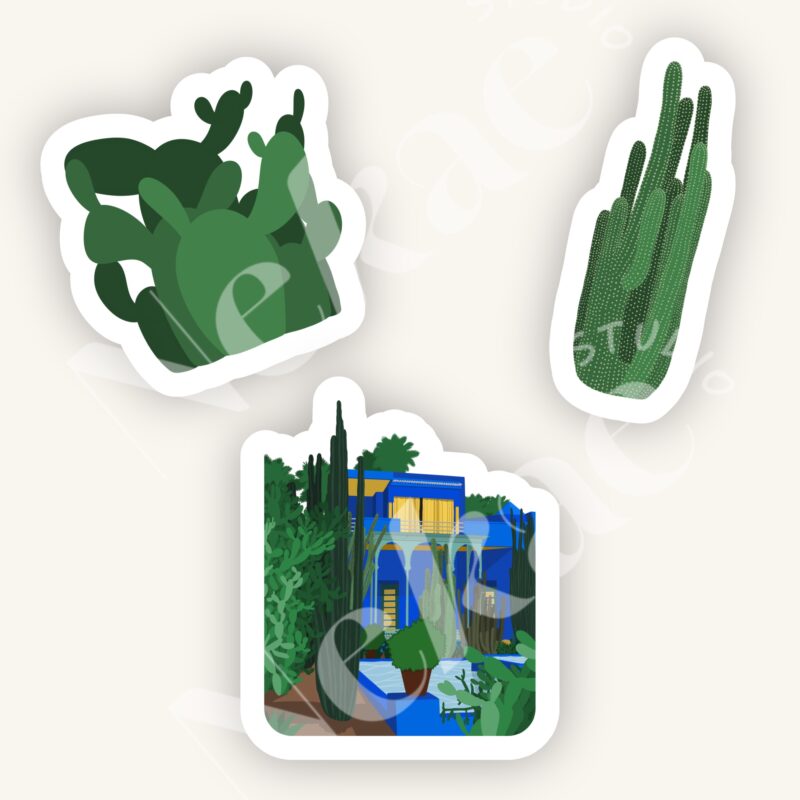 Pack de stickers Voyage à Marrakech avec une vue du Jardin Majorelle accompagnée de 2 cactus différents