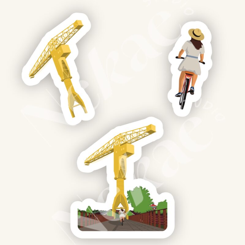 Pack de stickers Balade à Nantes avec la grue Titan et une cycliste sur les quais de la Loire à Nantes