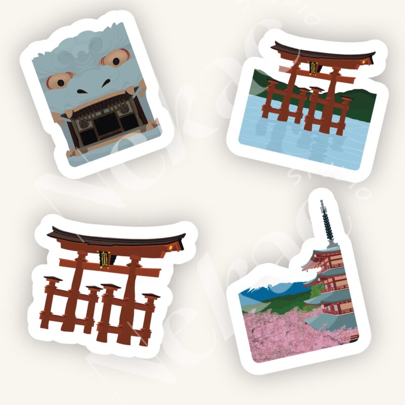 Pack de stickers Souvenirs du Japon avec le torii Itsukushima Jinja, le sanctuaire Namba Yasaka et le mont Fuji