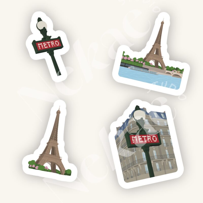 Pack de stickers Week-end à Paris avec la tour Eiffel, les quais de Seine et des panneaux du métro parisien sur fond d'immeuble haussmannien