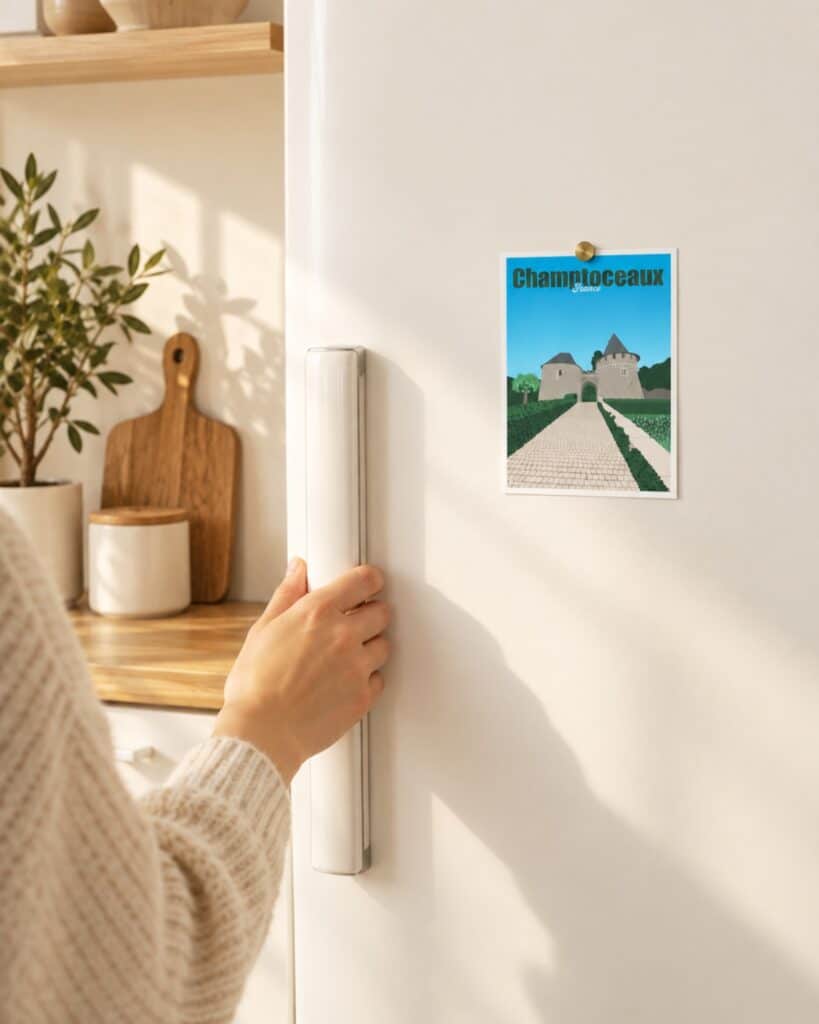 Petite affiche représentant le château de Champtoceaux, accrochée sur un frigo à l'aide d'un aimant, dans une cuisine.